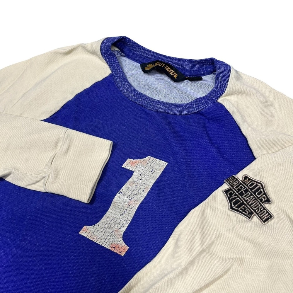 Harley-Davidson Raglan Shirt Women L Blue Cream Graphic 96867-19VW Biker Moto